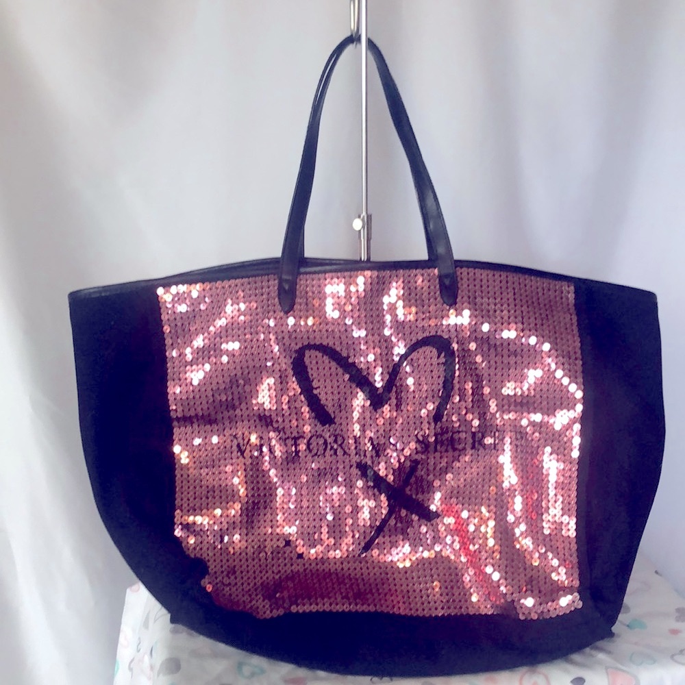 VICTORIA’S  SECRET large black and pink tote. Rose gold sequin print in front.